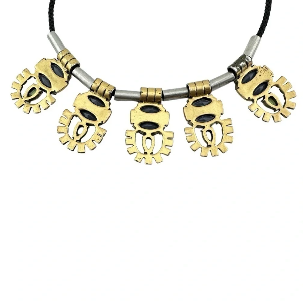 J Crew Necklace, Slate Mint Green w Silver & Gold Tone Metal Slide & Black Cord